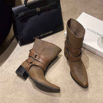 Xajzpa New Style Fashion Women's Winter Pointed Toe Western Ankle Boots Women Square Heels Goth Short Booties Buckle Strap Casual Shoes